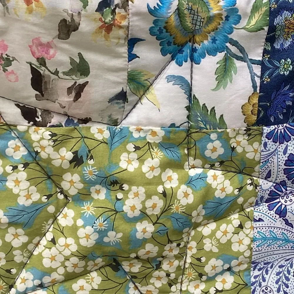 NWT. Hand Crafted Blues and Green Liberty Lawn Fabrics Garden Quilt with Stars